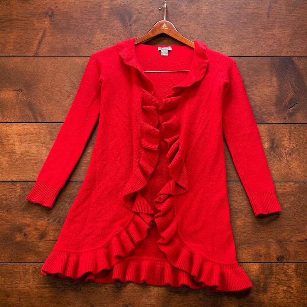 Neiman Marcus 100% Cashmere Ruffle Front Open Cardigan Sweater Red Womens XS